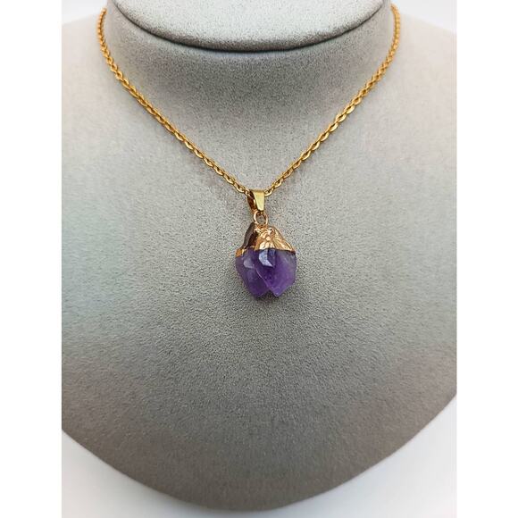 Raw Amethyst Pendant Necklace Brass Chain 16" with Lobster Clasp New - Picture 2 of 4